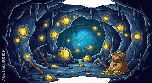 Pixel Art Gold Mine Cave with Gems and Mining Tools