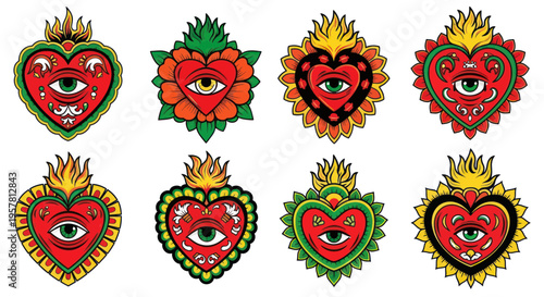 Sacred Heart Designs with All-Seeing Eye, Mexican Folk Art Style