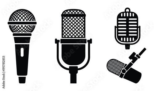 Set of professional microphone silhouettes for podcast and recording