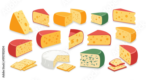 Variety of Cheese Types Isolated on White Background, Food Illustration