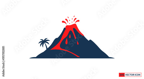 Volcano Eruption Icon with Palm Tree - Active Lava Flow Symbol