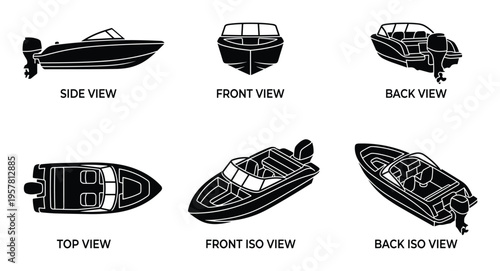 Set of speedboat views from various angles side, front, back, top, front isometric and back isometric