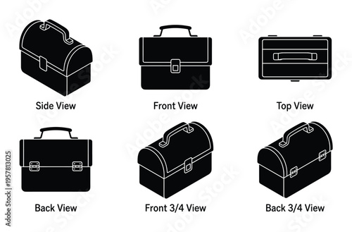 Six views of a classic lunch box, isometric and orthographic projections