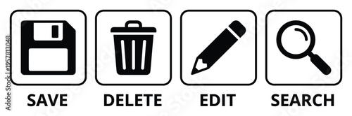 Software interface icons for save delete edit and search functions vector buttons