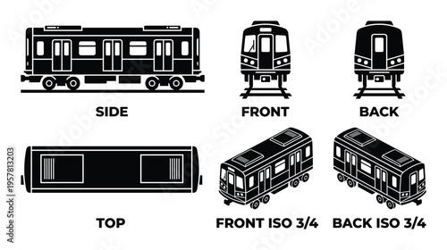 Subway train car silhouettes with orthographic and isometric perspectives