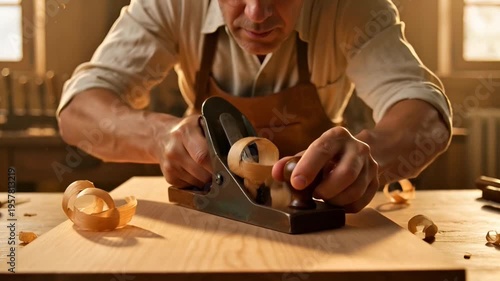 Man using plane on wood.