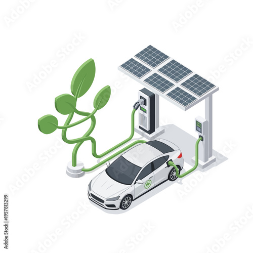 Sustainable electric car charging station powered by solar panels, integrated with green plant elements, symbolizing clean energy and eco-friendly transportation
