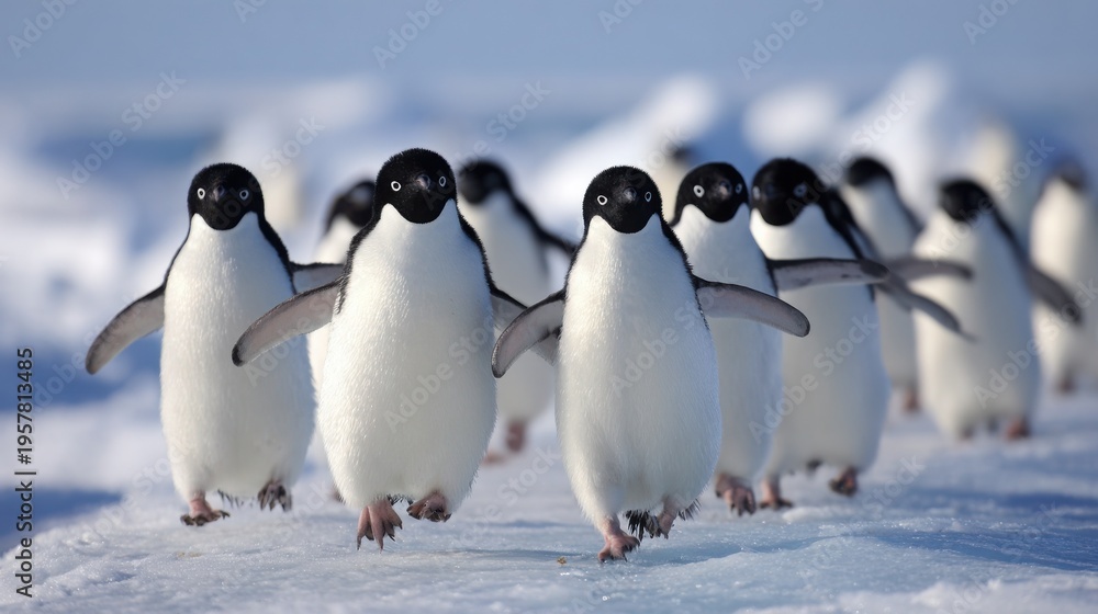 Obraz premium A playful colony of Adélie penguins waddling across an icy shore in their natural Antarctic habitat