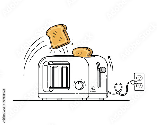 Toaster with bread slices popping out, ready for breakfast, kitchen appliance on a checkerboard background