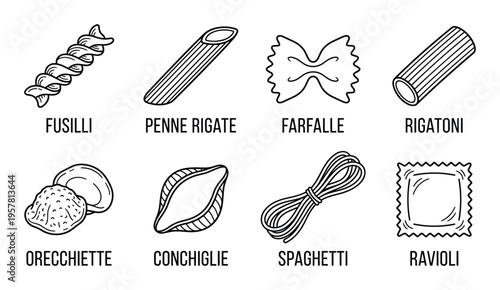 Various types of Italian pasta shapes drawn in a line art style on a transparent background