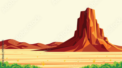 Vast desert landscape with a large rock formation and distant mesas under a pale sky