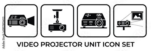 Video projector unit icon set with various installation and connectivity options