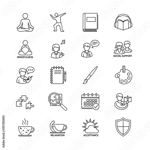 Black line icons of mental health.