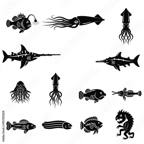 Collection of various sea creatures silhouettes.