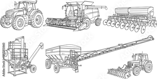 Farm machinery collection featuring black and white vector outlines of tractor combine harvester seeder grain dryer and agricultural equipment for technical sketches and coloring books.