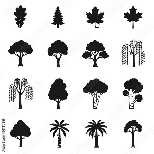 Collection of various tree silhouettes.