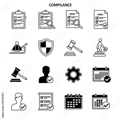 Compliance and regulation icons set.