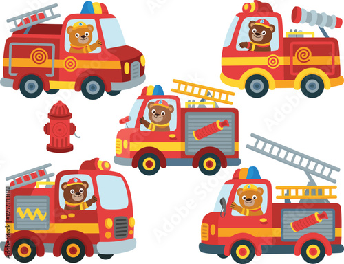 Adorable cartoon bear firefighters driving red fire trucks and emergency vehicles set with fire hydrant for kids nursery stickers and educational posters.