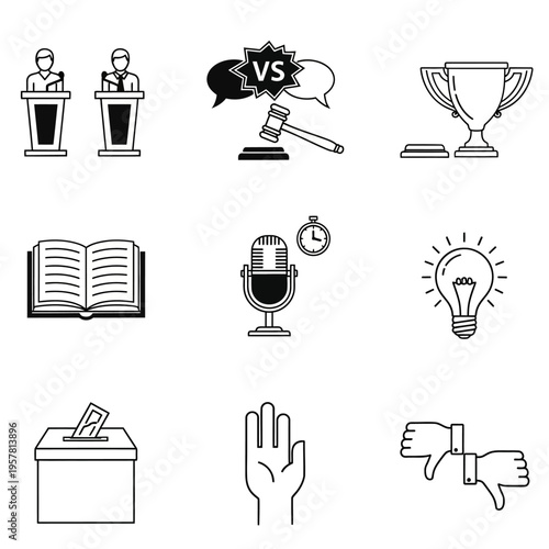 Debate and discussion symbols line icons.