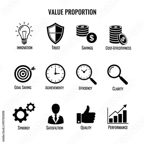 Business icons for value proposition concepts.