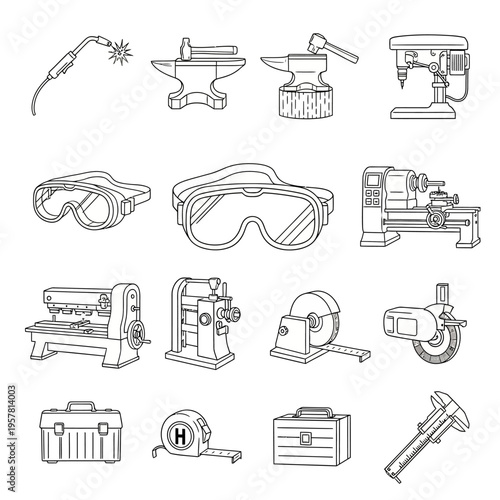 Industrial tools and equipment icons set.