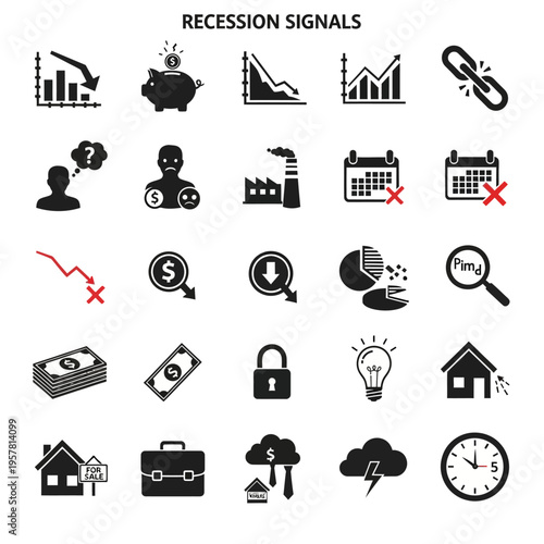recession signals business icons set.