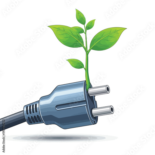 Green energy concept illustration with a vibrant plant sprouting from an electrical plug, symbolizing renewable power, sustainable technology, and environmental growth