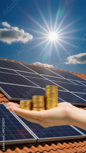 Hand holds growing stacks of money against solar panels under a sunny sky. Available on 4K vertical video.