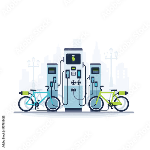 Modern Electric Bicycle Charging Station Infrastructure in an Urban Setting, Promoting Eco-Friendly Transportation and Sustainable City Living for a Greener Future