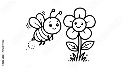 Smiling bee flying to flower.