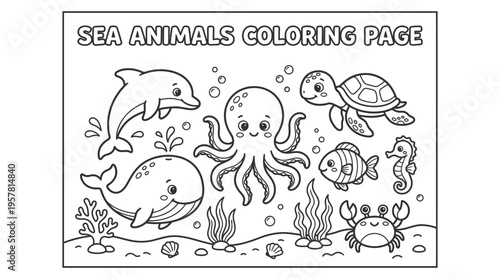 Sea animals coloring page for kids.