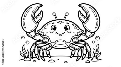 Smiling Cartoon Crab with Claws Raised.