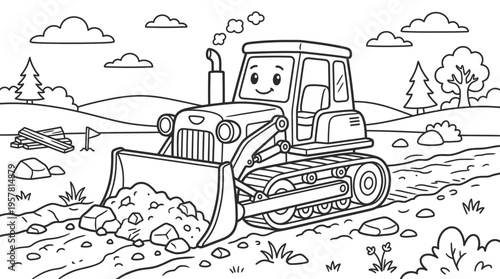 Smiling cartoon bulldozer in field.