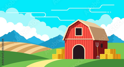 Flat Design Red Barn Vector Illustration - Rural Farm Landscape with Hay Bales, Fields, and Mountains Background