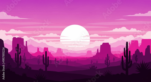 Vibrant Retro Synthwave Desert Landscape with Cactus Silhouettes and Large Sunset over Mountain Range, Minimalist Vaporwave Vector Illustration