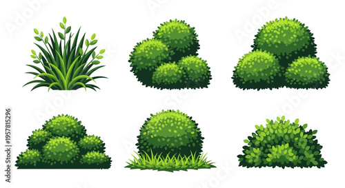 Set of Vector Garden Bushes and Green Plants Isolated on White Background. Collection of Cartoon Shrubbery and Landscaping Greenery for Environment Design.