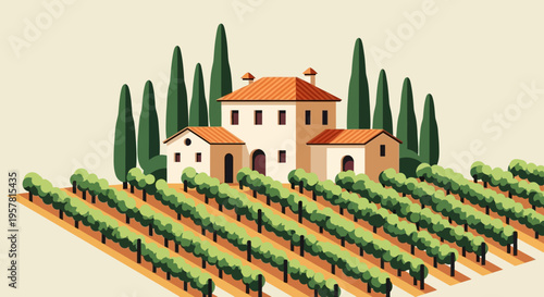 Minimalist Flat Vector Illustration of a Traditional Italian Villa with Vineyard and Cypress Trees in Tuscany