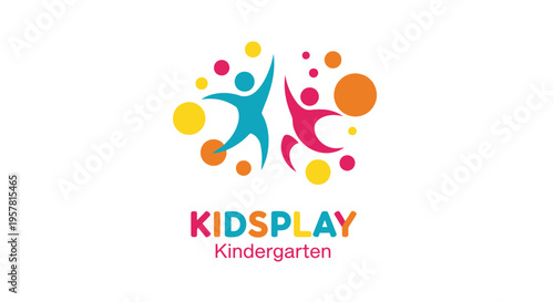 Colorful Kidsplay Kindergarten Logo Design with Playful Abstract Children and Vibrant Dots