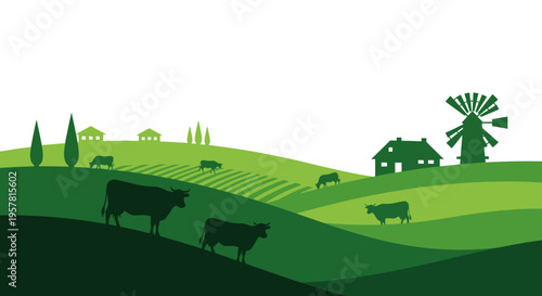 Minimalist Green Rural Landscape with Cows, Farmhouse, and Windmill - Organic Farming Flat Vector Illustration