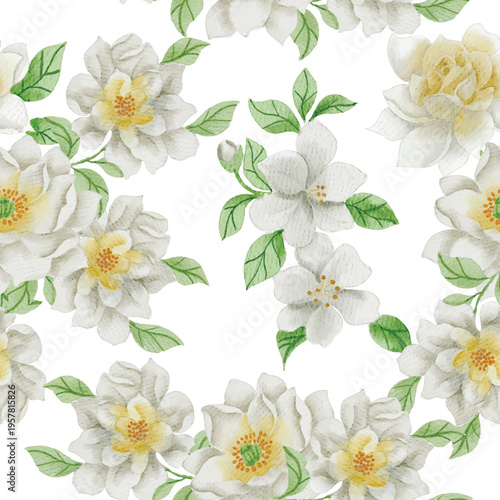 White Magnolia and Jasmine Watercolor Seamless pattern