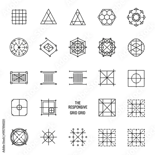 Geometric shapes and grid patterns.