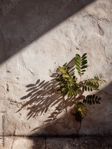 Single Plant Shows Long Shadow on Wall With Strong Light Creating a Minimal Scene