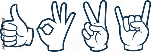 Collection of Four Hand Gestures: Thumbs Up, Okay, Peace, and Rock On