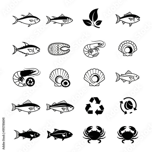Fish seafood icons set black.
