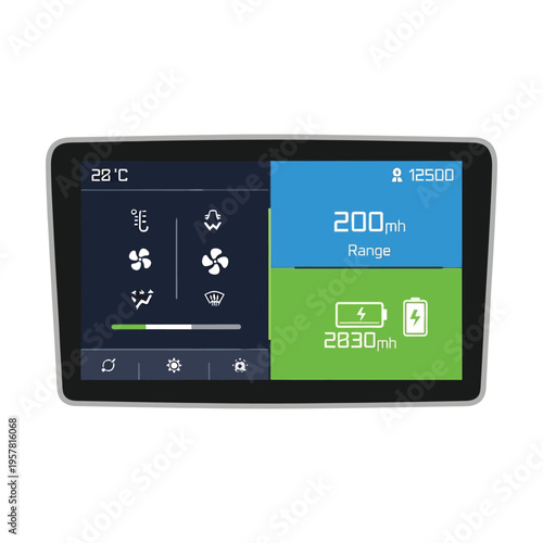 Modern car dashboard display showing climate control settings, battery charge level, and driving range information with a sleek digital interface