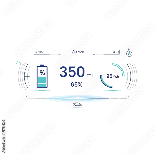 Futuristic digital dashboard displaying battery level, mileage, and speed for an electric vehicle, with navigation icons and car silhouette on a white background