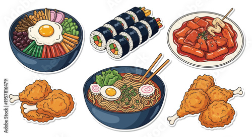Korean Food Assortment: Bibimbap, Sushi Rolls, Tteokbokki, Ramen, Fried Chicken
