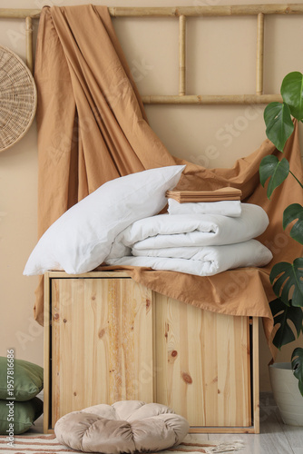 Interior of room with bed s...