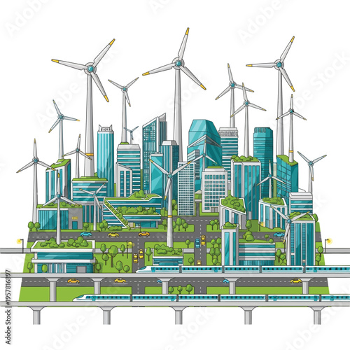 Dynamic urban vision of a sustainable future city, featuring green architecture, clean energy wind turbines, and advanced public transit systems