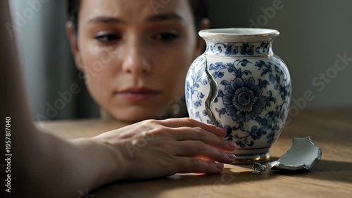 Woman Reaches For Blue Vase.